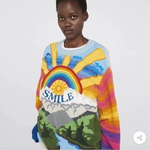 Oversized Landscape Intarsia Knit Crew Neck Rainbow Striped Sweater